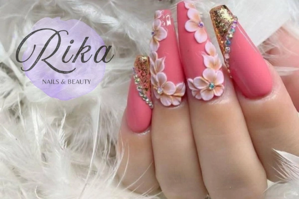 fire pink nail design with flowers